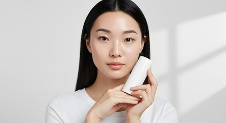 Asian woman holding skincare product, beauty and cosmetics concept