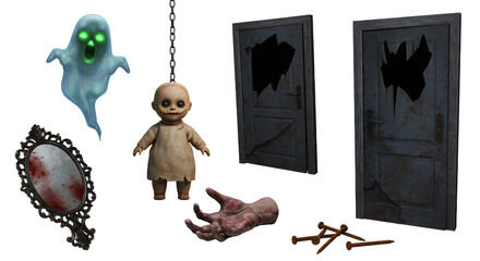 A haunting scene featuring a ghostly figure, a creepy doll, a blood-stained mirror, and broken doors, set in a spooky environment