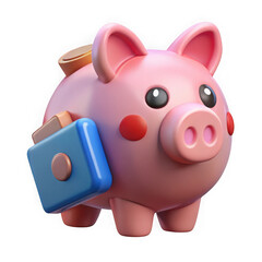 Photo of a cute pink piggy bank with a wallet, representing savings and financial planning isolated on transparent background