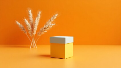 Product display podium yellow box with wheat on orange background for showcase presentation design 3d render 
