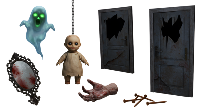 A haunting scene featuring a ghostly figure, a creepy doll, a blood-stained mirror, and broken doors, set in a spooky environment