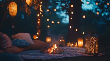 Enjoying Campfire at Night with Pillows and Lanterns in Backyard
