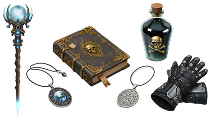 A mystical collection of magical artifacts including a staff, potion, book, and accessories, set against a fantasy backdrop