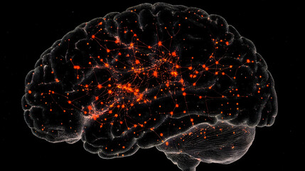 Brain with Red Neural Activity Highlights