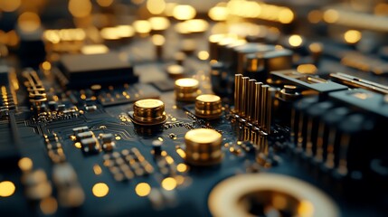 Detailed Close-up of a Circuit Board with Golden Components