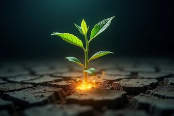 Growing plant sprout in cracked earth hope and resilience concept nature background new life and growth 