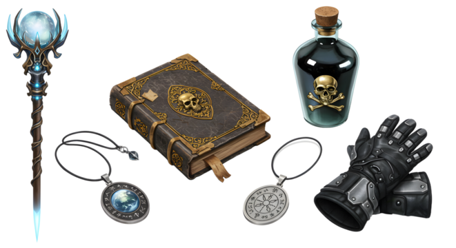 A mystical collection of magical artifacts including a staff, potion, book, and accessories, set against a fantasy backdrop