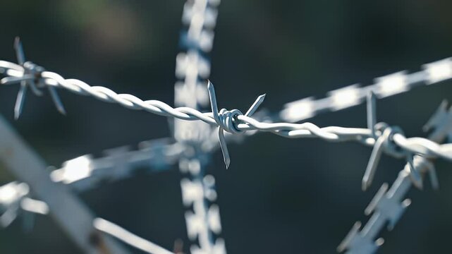 Close-up of twisted metal barbed wire against a blurred outdoor backdrop