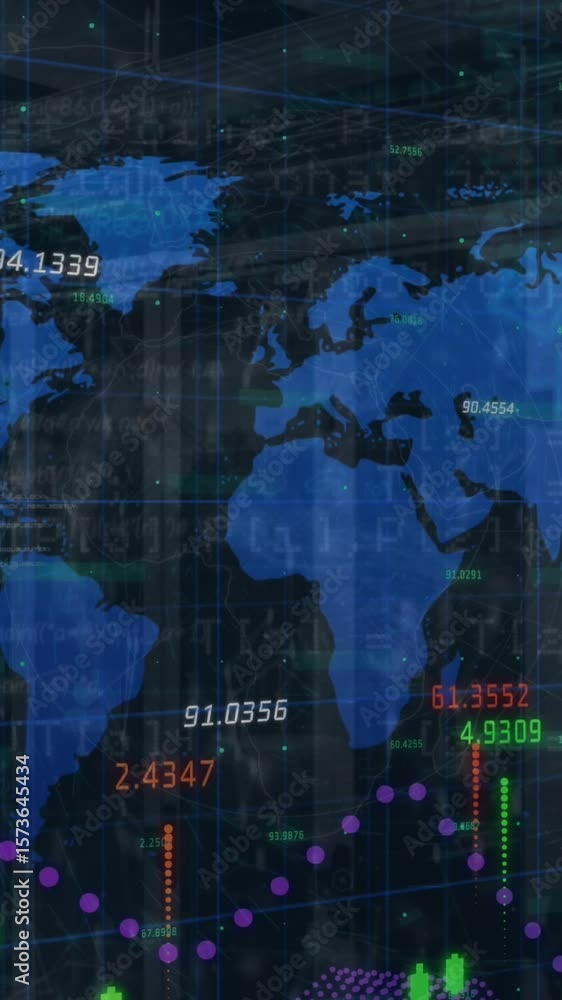 Poster animation of financial data processing over world map against empty computer server room