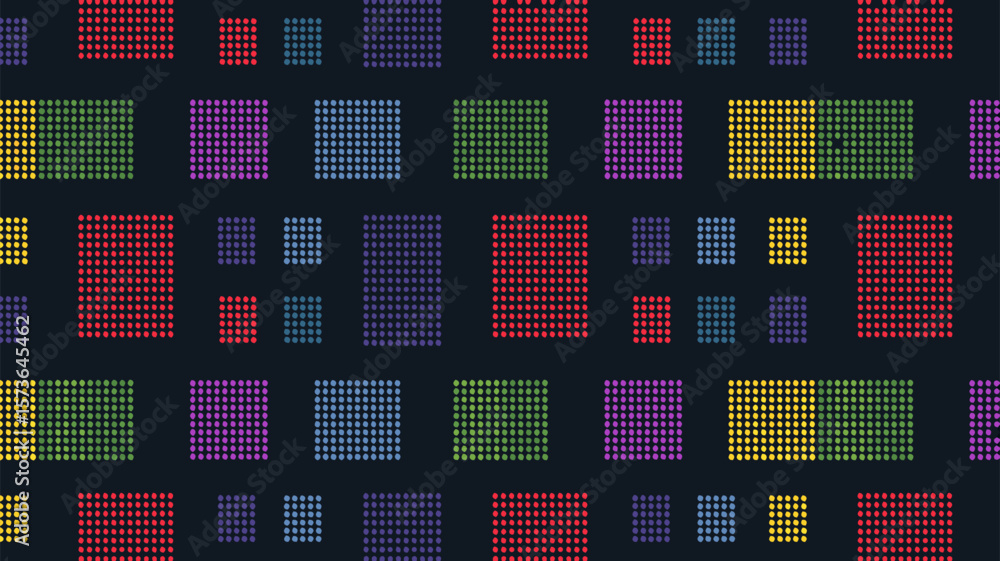 Poster geometric pattern with colored dots forming squares on a dark background for design