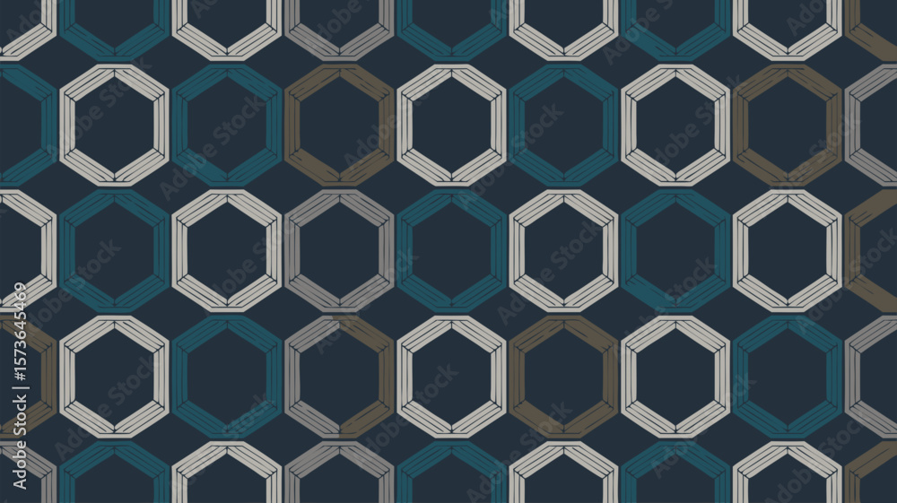 Poster geometric seamless pattern of hexagons in tones of blue and gray for background