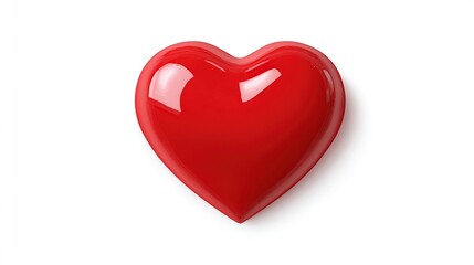 Fototapeta premium A glossy, three-dimensional red heart is presented against a stark white backdrop, casting a subtle shadow beneath. Its smooth surface reflects light