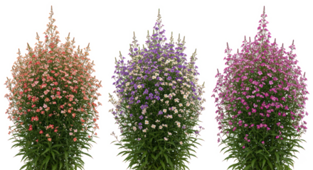Tall blooming flower bushes in peach, purple, and magenta colors on transparent background, isolated vertical garden plants