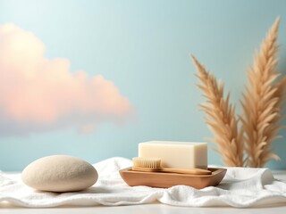Natural soap bar and stone on towel with brush for spa and bathroom skincare and bodycare product display 