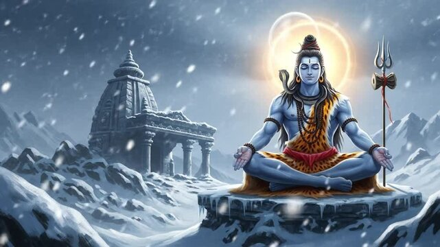 Divine Lord Shiva Meditating on a Frozen Mountaintop Surrounded by Falling Snow and Ancient Temple