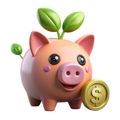Photo of a cute piggy bank with a plant growing out of it, symbolizing financial growth and savings isolated on transparent background