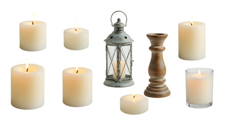 A serene arrangement of lit candles and a vintage lantern, creating a warm atmosphere ideal for cozy evenings or gatherings