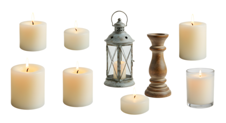 A serene arrangement of lit candles and a vintage lantern, creating a warm atmosphere ideal for cozy evenings or gatherings