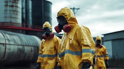 People in Hazmat Suits Walk Near Industrial Site