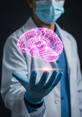 Glowing pink brain hologram held by gloved hand medical
