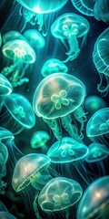 Softly glowing jellyfish-like formations in a teal oceanic environment