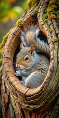 Naklejka premium A small gray squirrel curled up in a cozy tree hole