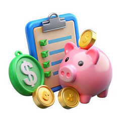 Photo of a piggy bank with a clipboard and coins, representing financial planning and savings isolated on transparent background