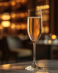 Glass of Champagne in Elegant Restaurant. A single glass of champagne placed on a marble table in a softly lit fine dining restaurant, creating a luxurious atmosphere.