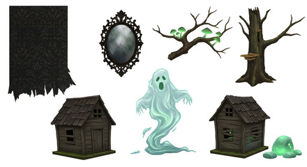 A spooky scene featuring a ghostly figure, eerie trees, haunted houses, and a mysterious mirror in a dark setting