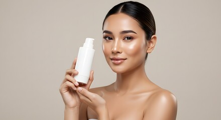 Beautiful Asian Woman Holding Skincare Product Bottle