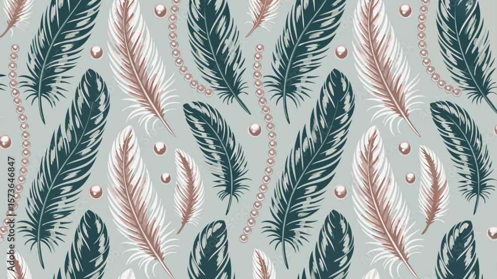 Poster elegant feather and pearl pattern displaying sophistication across seamless design