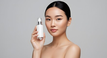 Beautiful Asian Woman Holding Skincare Product Bottle, Beauty and Cosmetics Concept