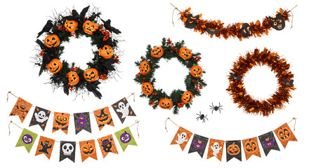 A vibrant collection of Halloween decorations featuring pumpkin wreaths, banners, and garlands, set against a festive backdrop