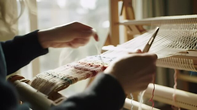 Close-up of hands weaving with a wooden loom and white, rainbow colored threads