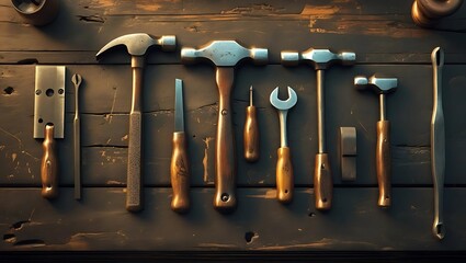 An array of vintage hand tools including hammers, screwdrivers, and a wrench, neatly arranged on a rustic wooden surface.
