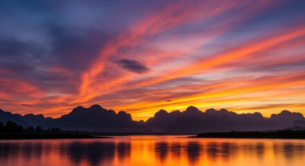 Fototapeta premium Stunning Sunset over Serene Mountain Lake Landscape: Vibrant Colors Paint the Sky and Water
