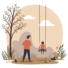 Father pushing child on swing in park surrounded by trees and flowers  