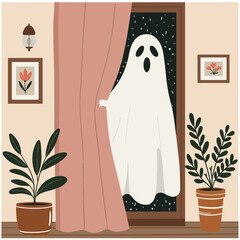 Ghost figure appearing behind curtain in cozy interior setting  
