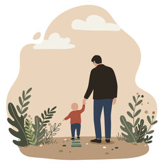 Father holding toddler's hand while walking in nature outdoors  