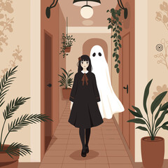 Girl in black dress walking with a ghost in a corridor with plants  