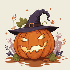 Angry jack-o'-lantern wearing witch hat surrounded by autumn foliage  