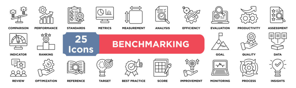 BENCHMARKING icon collection set. Containing comparison,performance,standards,metrics,measurement,analysis,efficiency,evaluation,productivity,assessment icon. Simple line vector.	