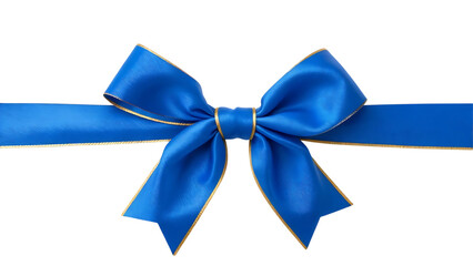 Elegant blue satin ribbon bow with gold trim on black background