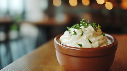 Mashed Potatoes Topped with Parsley in Small Brown Bowl