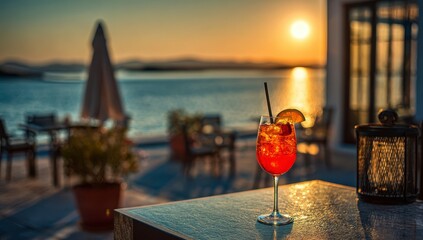 Sunset cocktail on a waterfront patio