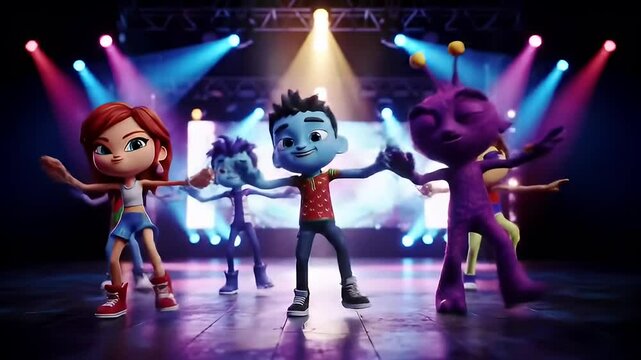 Animated characters dancing on stage with colorful stage lighting and reflections
