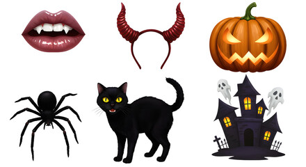 A vibrant Halloween-themed collage featuring spooky elements like a black cat, haunted house, pumpkin, and fangs