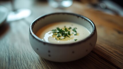 Cream Soup Bowl Garnished with Greens on Wooden Table