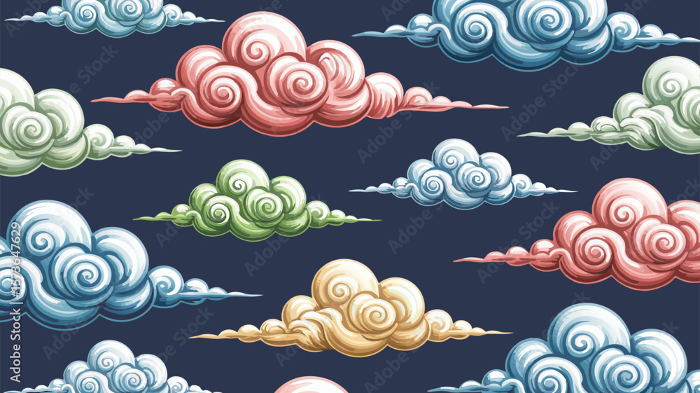 Poster ornamental cloudscape pattern with stylized and vibrant clouds on a deep blue background