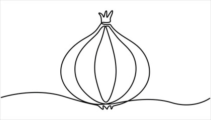 one line drawing illustration of onion vegetable. Continuous one line drawing of onion, freshness organic bulb onion for harvesting logo identity. Minimalistic illustration features a one line drawing